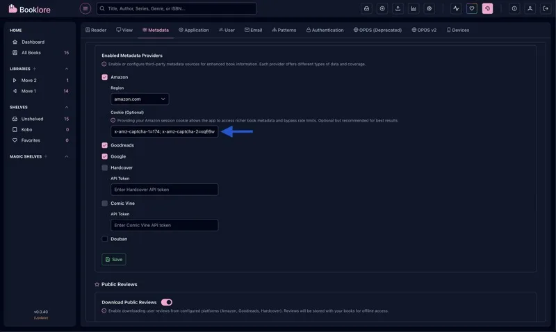 Grimmory Metadata 1 settings showing the Amazon region dropdown and cookie field