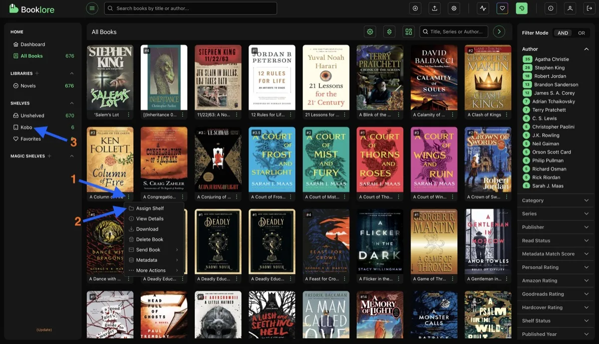 Book card context menu showing Assign Shelf option with shelf list