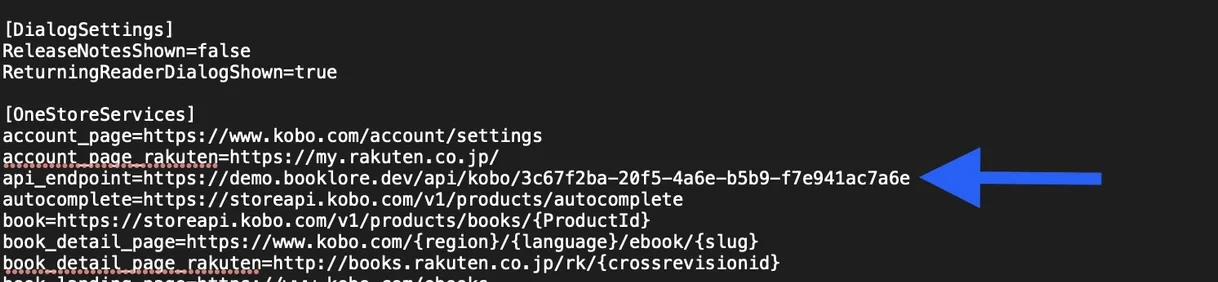The modified Kobo eReader.conf with api_endpoint pointing to the Grimmory instance