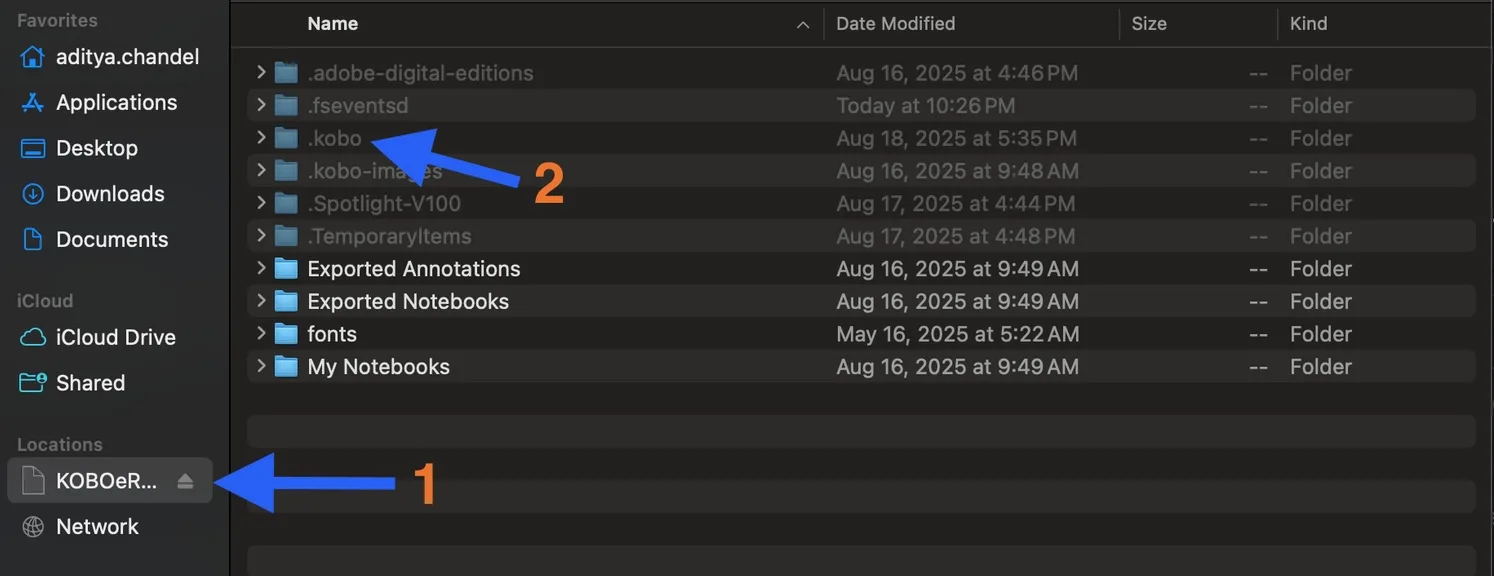 Finder showing the KOBOeReader drive with the .kobo hidden folder visible