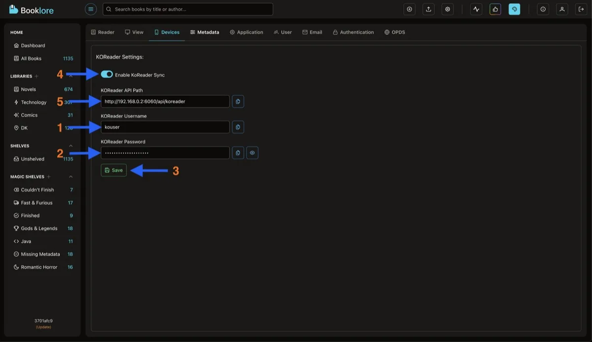KOReader Settings with sync enabled, API path populated, username and password filled in, and Save button