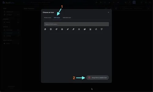 SVG Icons tab showing a search bar, a grid of uploaded custom icons, and a "Drag here to delete icon" trash zone at the bottom-right