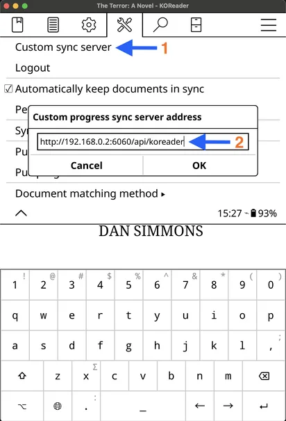 KOReader Custom sync server dialog with the Grimmory API URL entered
