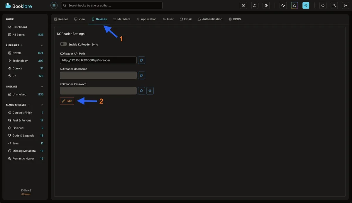 Grimmory Settings > Devices page showing KOReader Settings with Enable toggle, API Path, Username, and Password fields with an Edit button