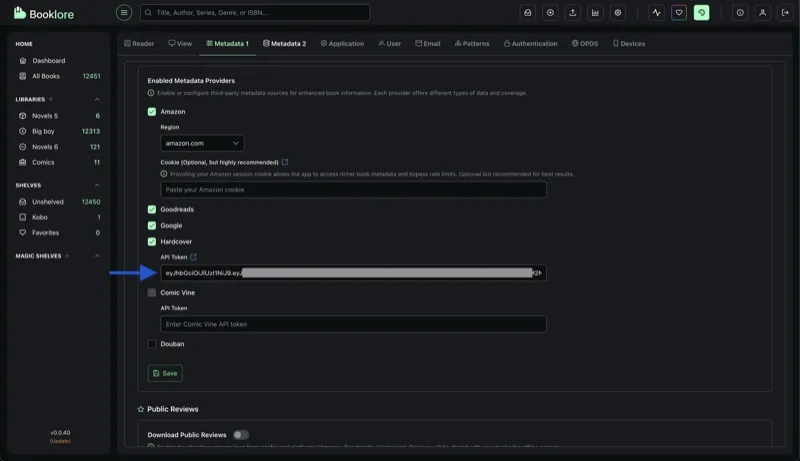Grimmory Metadata 1 settings with the Hardcover token field