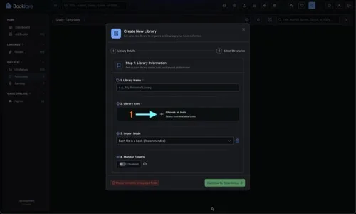 Create New Library dialog showing the Library Icon field with a "Choose an Icon" button