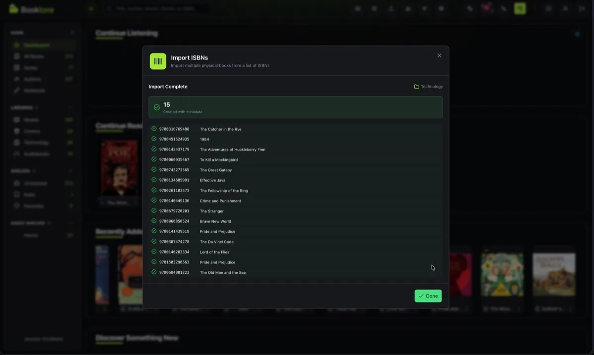 Import complete summary showing all created books