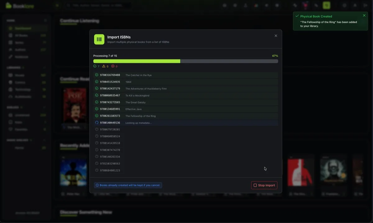 Import in progress with real-time metadata lookup