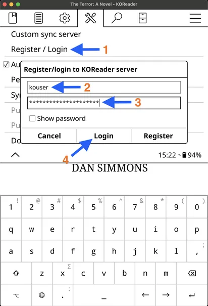 KOReader login dialog with username and password fields and Login button