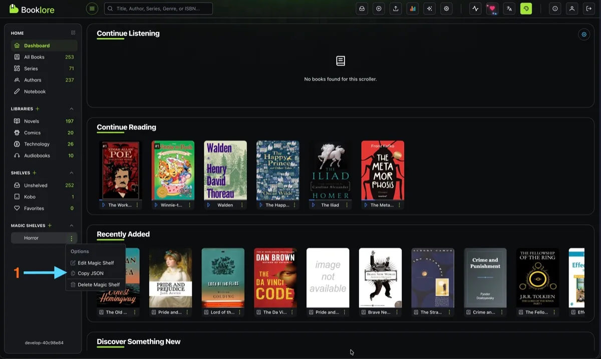 Copy JSON option in the Magic Shelf context menu