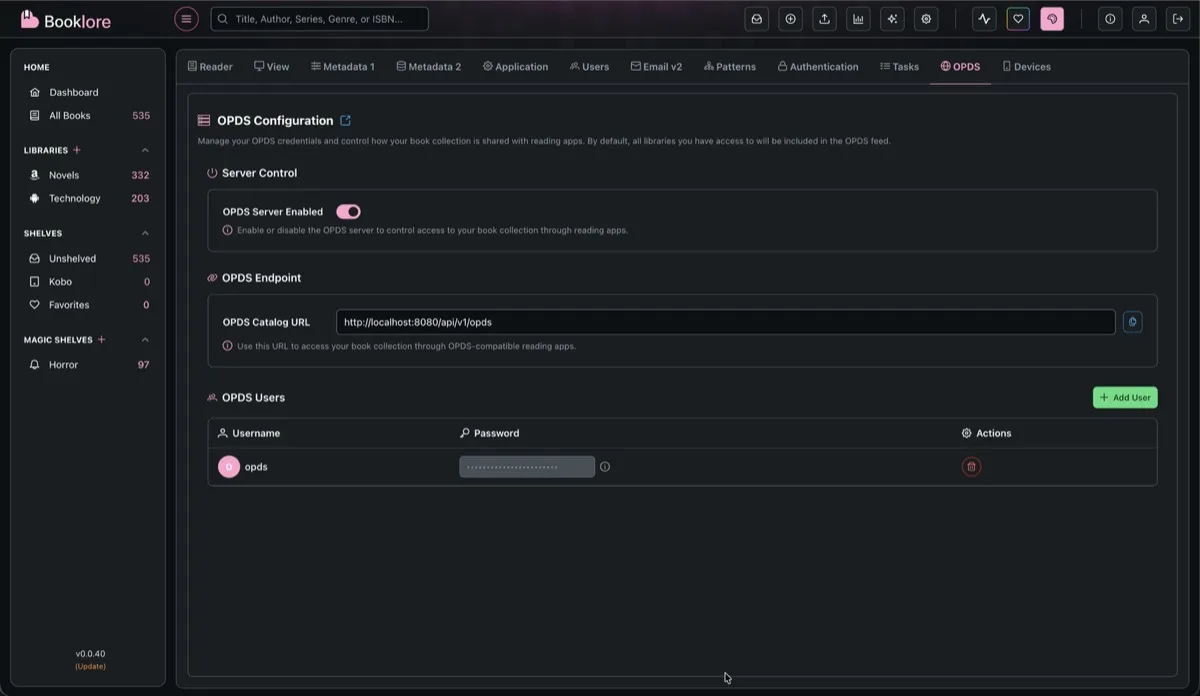 Grimmory OPDS Configuration page showing server toggles, endpoint URLs, and OPDS user management