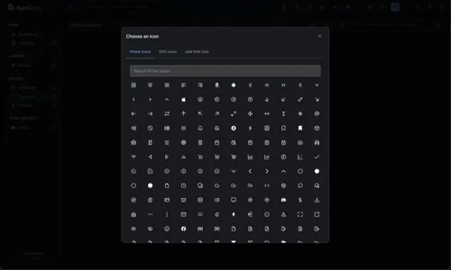 Choose an Icon modal on the Prime Icons tab, showing a search bar and a grid of built-in icons