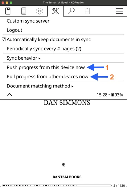 KOReader Progress sync menu showing Push and Pull options, along with auto-sync settings