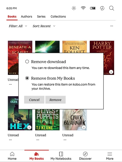 Kobo removal dialog with Remove download and Remove from My Books options