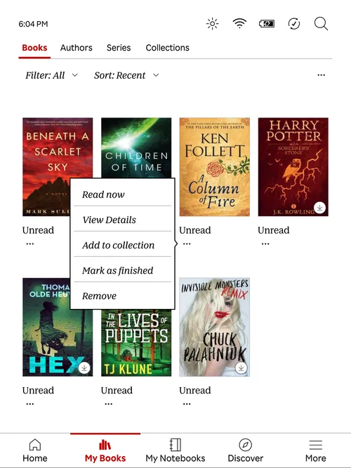 Kobo context menu on a book showing Read now, View Details, Add to collection, Mark as finished, and Remove options