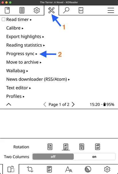 KOReader tools menu showing Progress sync option