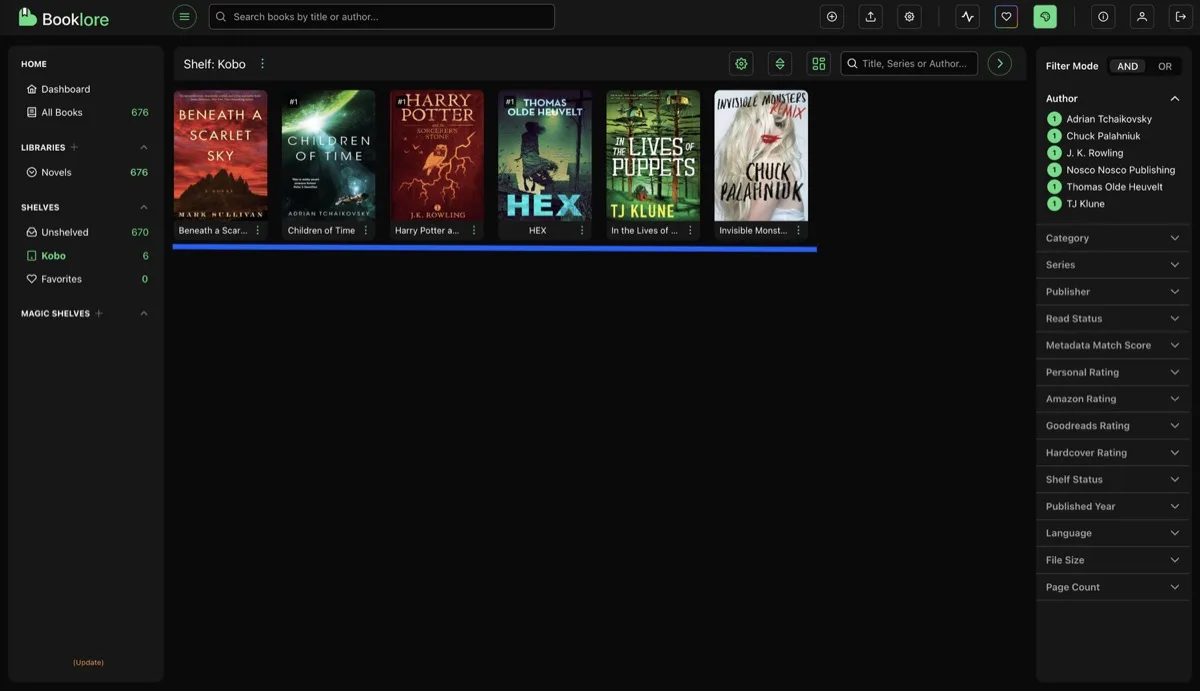 Grimmory Kobo shelf after sync showing the book has been removed from the shelf