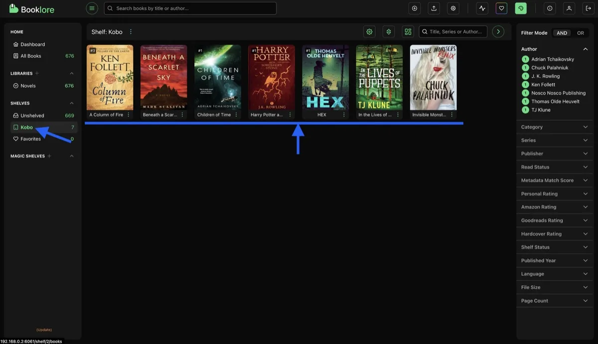 Grimmory's Kobo shelf view showing 7 books ready to sync