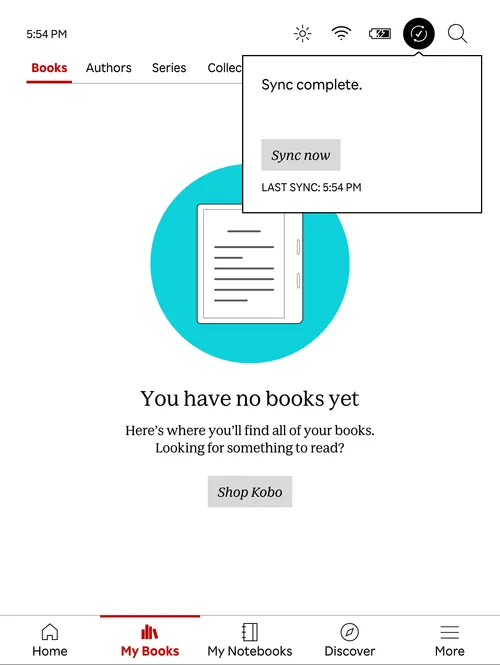 Kobo device showing the Sync complete dialog with Sync now button