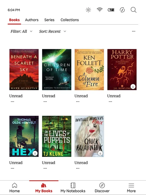 Kobo device My Books screen showing the synced books from Grimmory