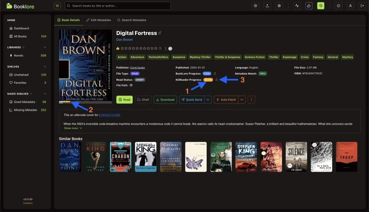 Book detail page for Digital Fortress showing KOReader Progress at 21.1% alongside Grimmory Progress and other metadata