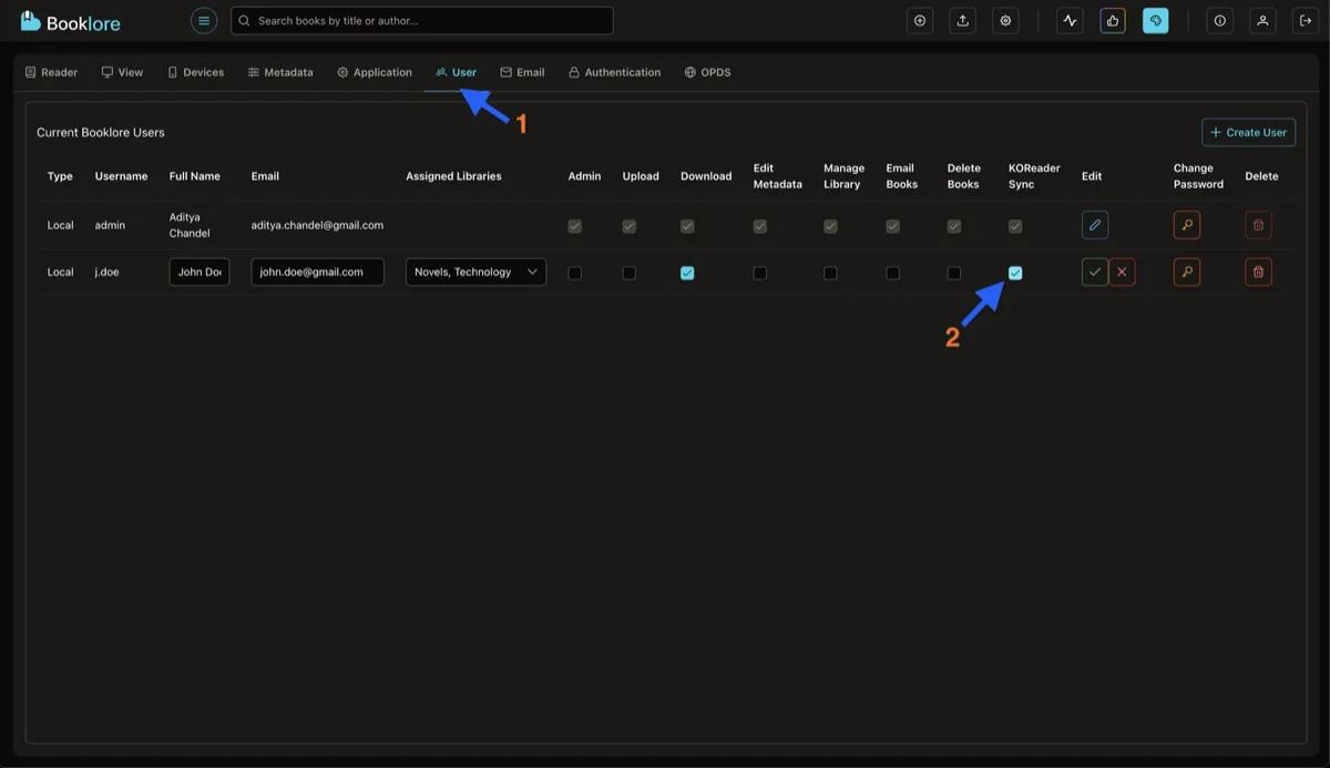 Settings > Users page showing the user list with permission columns including KOReader Sync